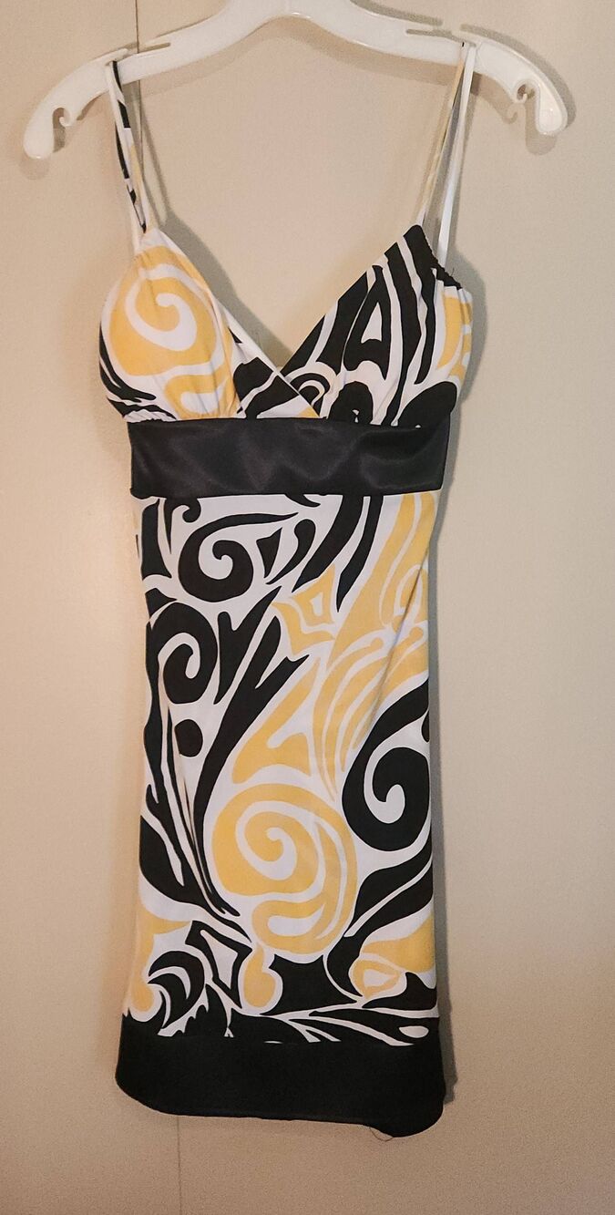 D66 Taboo mini dress- yellow & black print w tie waist belt & Spaghetti straps